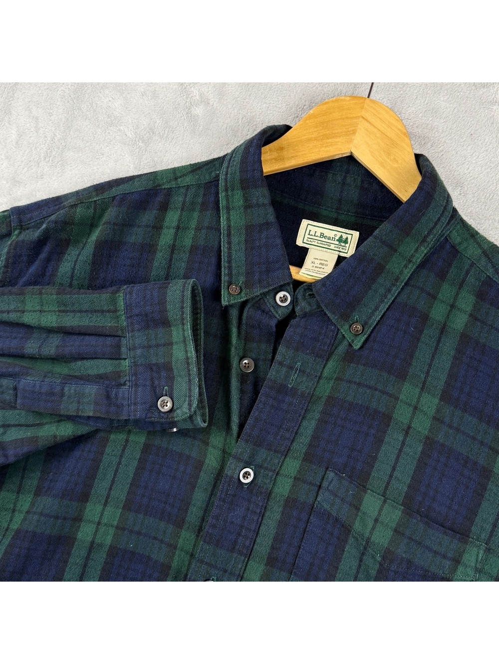 L.L.Bean XL Regular Green Navy Plaid Flannel Shirt Button Down 100% Cotton Retro